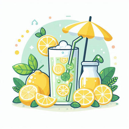 Vector illustration of a glass of lemonade with ice, lemon slices and umbrella.のイラスト素材