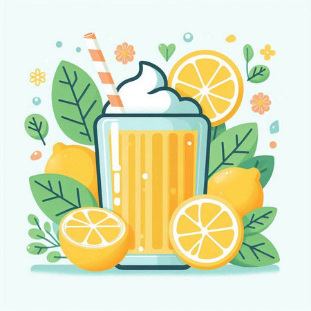 Vector illustration of a glass of fresh orange juice with ice cream and lemons.のイラスト素材