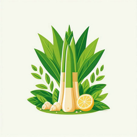 Illustration of green bamboo shoot with lemon and leaves. Vector illustrationのイラスト素材