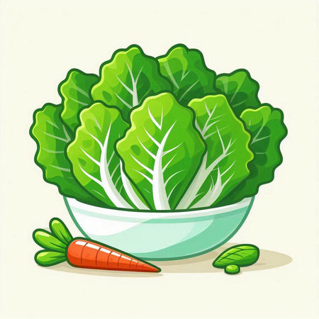 Illustration of a fresh lettuce in a bowl and carrot on a white backgroundのイラスト素材