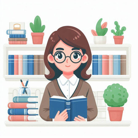 Cute schoolgirl reading a book in library. Vector illustration.のイラスト素材