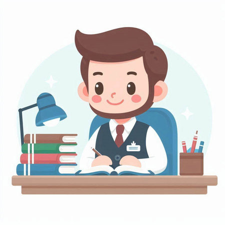 Schoolboy sitting at desk with books and lamp. Vector illustration.のイラスト素材