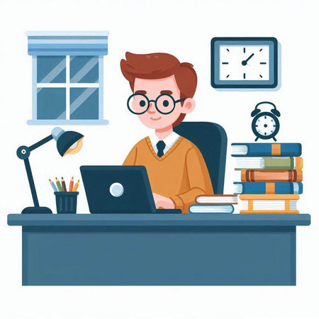 Vector illustration of a young man working at his desk in the officeのイラスト素材