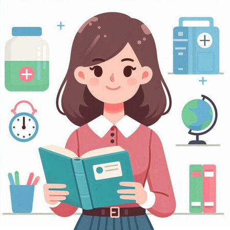 Girl with a book in her hands. Education concept. Vector illustration.のイラスト素材