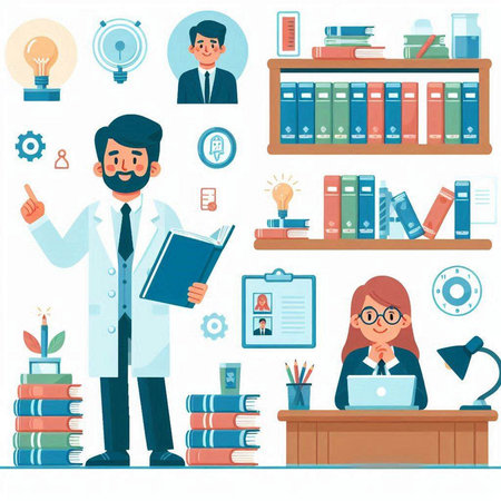 Vector illustration of a scientist working in a laboratory. Flat style design.のイラスト素材