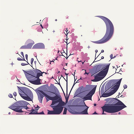 Lilac flowers and a crescent moon. Vector illustration.のイラスト素材