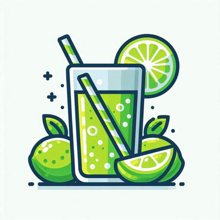 Lime juice flat line icon. Vector illustration of fresh lime juice with straw.のイラスト素材