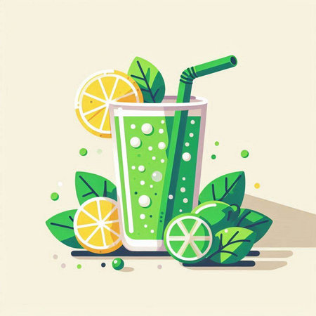 Lemonade with lemon and green leaves. Vector illustration in flat styleのイラスト素材