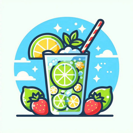 Cocktail with lime, strawberry and mint. Vector illustration.のイラスト素材