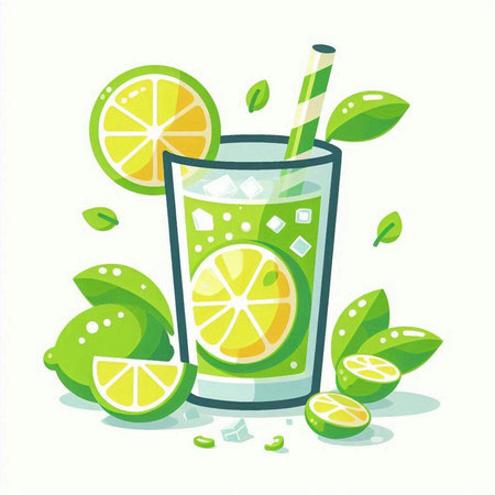 Vector illustration of a glass of fresh lemonade with lime and strawのイラスト素材