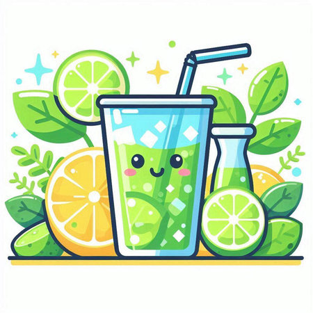 Cute cartoon lemonade with lime and mint. Vector illustration.のイラスト素材