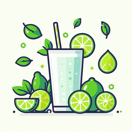 Cocktail with lime and mint. Vector illustration in flat styleのイラスト素材