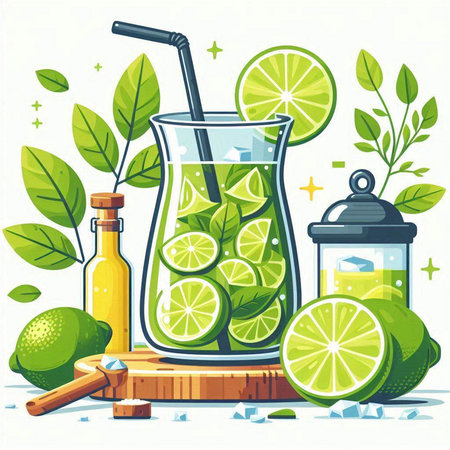 Mojito cocktail with lime and mint. Vector illustration in flat styleのイラスト素材