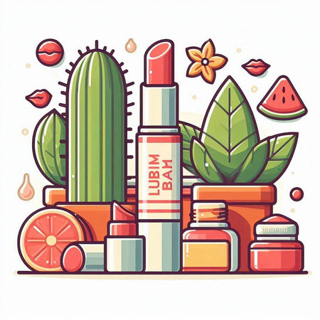 Lipstick in a pot and cactus. Vector illustration.のイラスト素材