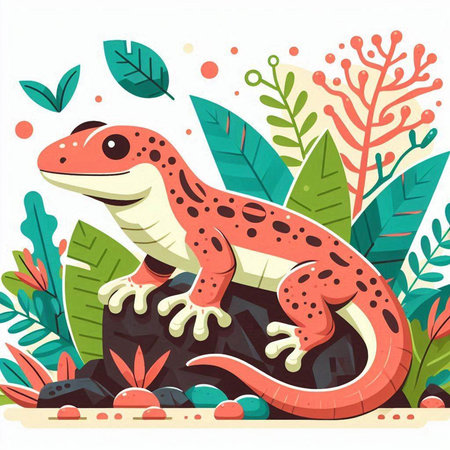 Gecko on the rock in the garden. Cute cartoon vector illustration.のイラスト素材