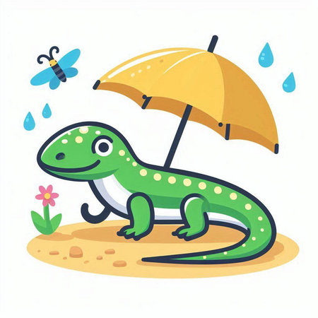 Lizard with umbrella on the beach. Cute cartoon vector illustration.のイラスト素材