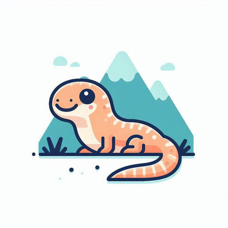 Cute lizard on the background of mountains. Vector illustration in a flat style.のイラスト素材