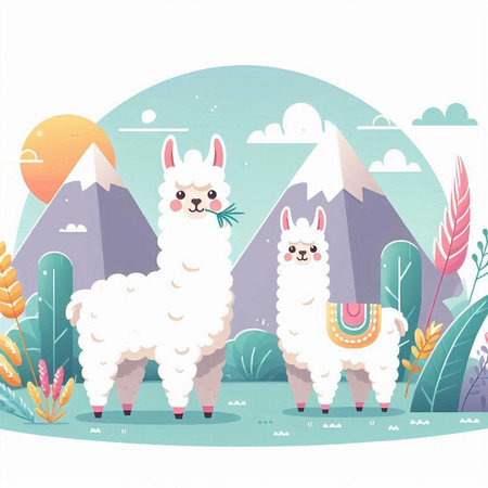 Llama and alpaca in the meadow. Vector illustration.のイラスト素材