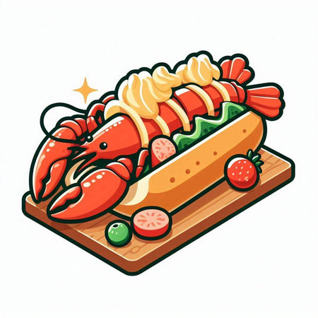 Lobster hot dog on a wooden board. Vector illustration.のイラスト素材