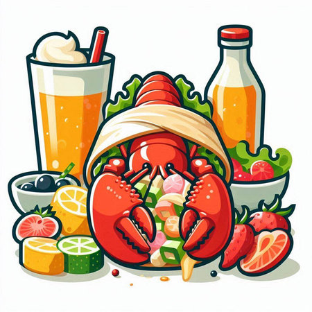 Lobster, lemonade, ice cream, orange juice, olives, grapefruit. Vector illustration.のイラスト素材