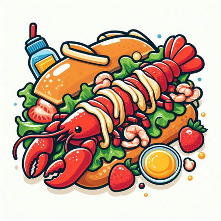 Cartoon vector illustration of lobster hot dog with sauce and eggs.のイラスト素材