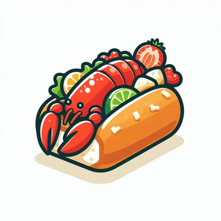 Illustration of a hot dog with vegetables and fruits on a white backgroundのイラスト素材