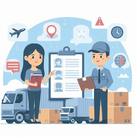 Delivery man and woman in uniform with boxes. Vector flat cartoon illustrationのイラスト素材