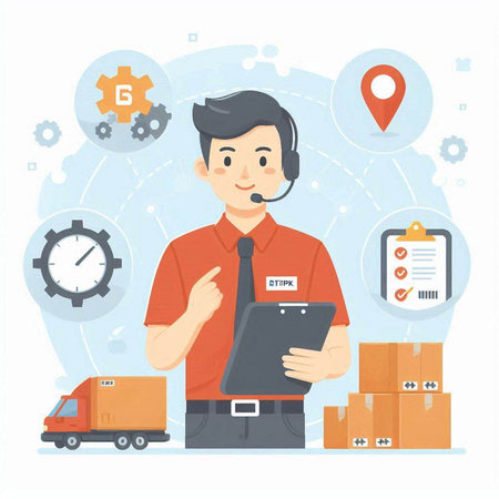 Delivery service concept. Young man with a tablet in his hands. Flat style vector illustration.のイラスト素材