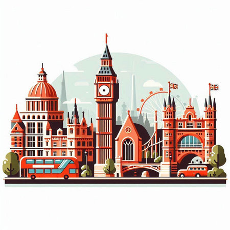 London skyline with skyscrapers, London Bridge and red bus. Vector illustrationのイラスト素材