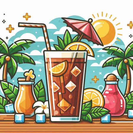 Cocktail on the beach with palm trees. Vector illustration.のイラスト素材