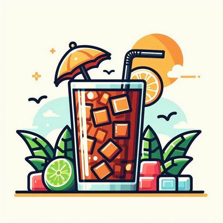Cocktail with ice cubes and straw. Vector illustration in flat styleのイラスト素材