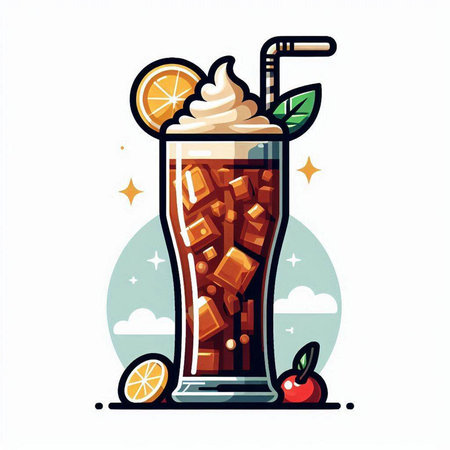Cocktail with ice cream, orange and mint. Vector illustration.のイラスト素材
