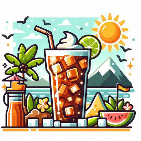 Vector illustration of a glass of ice tea on the beach. Summer background.のイラスト素材