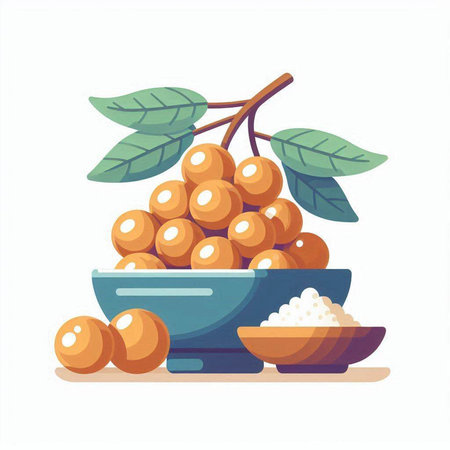 Sorbus aucuparia. Bunch of ripe berries in a ceramic bowl. Vector illustrationのイラスト素材