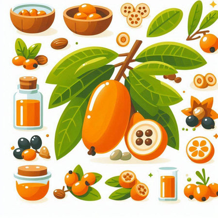 Vector illustration of loquat fruit, jojoba leaves, honey and berries.のイラスト素材