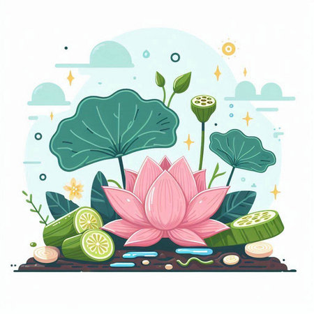 Vector illustration of lotus flower with green leaves and slices of cucumber.のイラスト素材