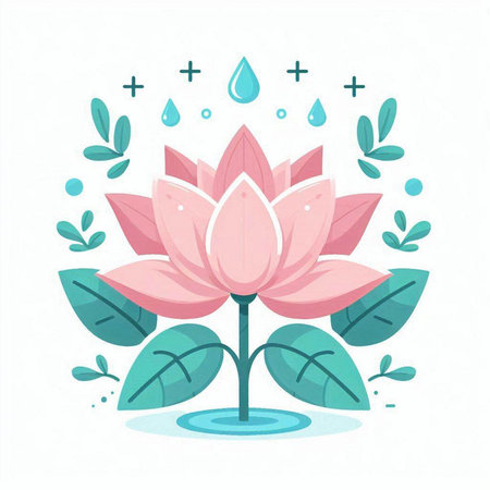 Pink lotus flower with leaves and water drops. Vector illustration.のイラスト素材