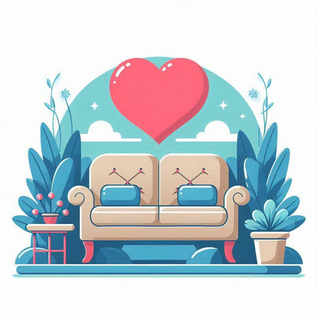 Vector illustration of a cozy living room with a sofa and a heart.のイラスト素材