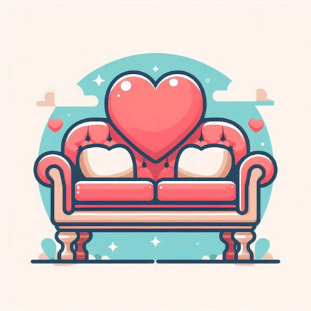 Sofa with heart-shaped cushions. Vector illustration.のイラスト素材