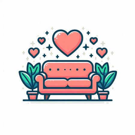 Sofa in flat line style with hearts and plants. Vector illustration.のイラスト素材