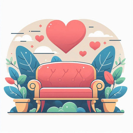Vector illustration of a cozy sofa in the park with hearts. Flat design.のイラスト素材