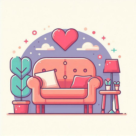Vector illustration of cozy living room with armchair, coffee tablerative plants and hearts.のイラスト素材