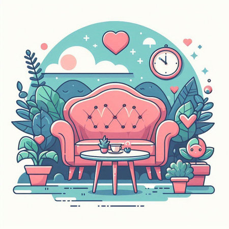 Vector illustration of a cozy living room with a pink armchair, a coffee table, a clock and a cactus.のイラスト素材