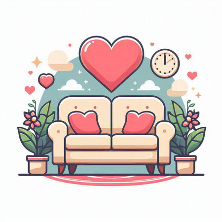 Vector illustration of cozy living room with sofa, heart, clock and flowers.のイラスト素材
