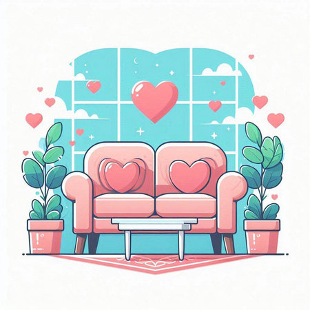 Valentine's Day greeting card with sofa and flowers. Vector illustration.のイラスト素材