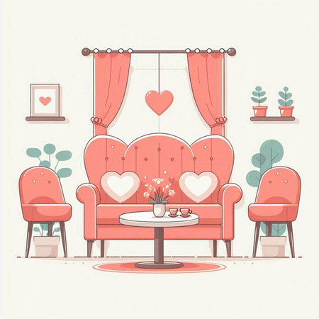 Vector illustration of a cozy living room with armchairs, coffee table, coffee table and heart.のイラスト素材