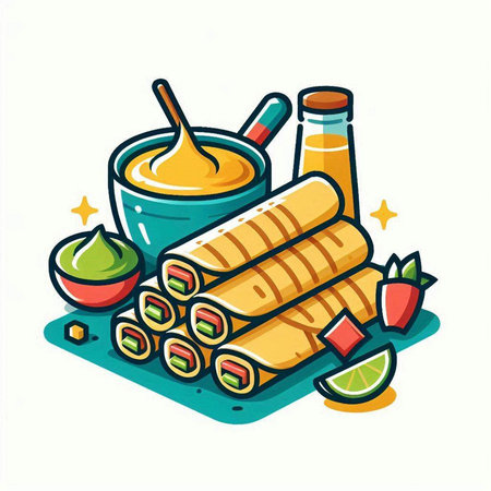 Vector illustration of traditional japanese spring rolls with sauce and limeのイラスト素材