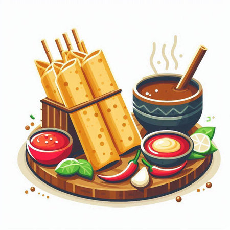 Vector illustration of indian samosas with sauce and spices.のイラスト素材