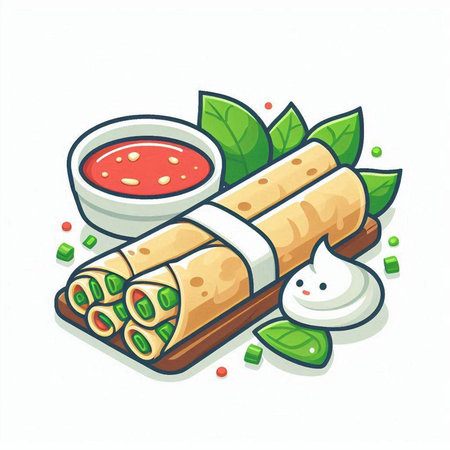 Vector illustration of spring roll with tomato sauce and mayonnaise.のイラスト素材
