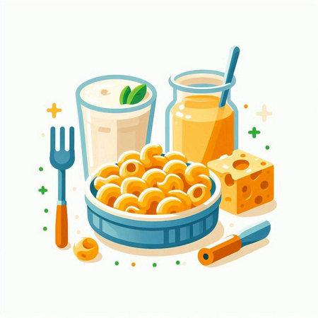 Cereal, cheese and juice in a glass. Vector illustration.のイラスト素材